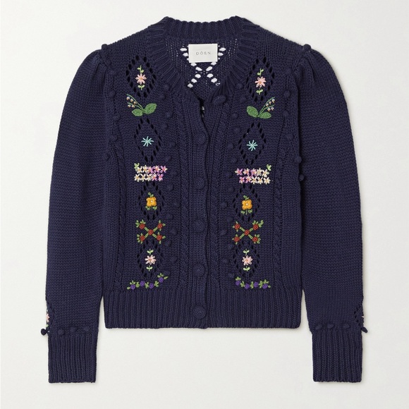 💋SOLD💋✨💙DÔEN ‘Forget Me Not’ Embroidered Cable Knit Cardigan Sweater Navy XS - Picture 14 of 14